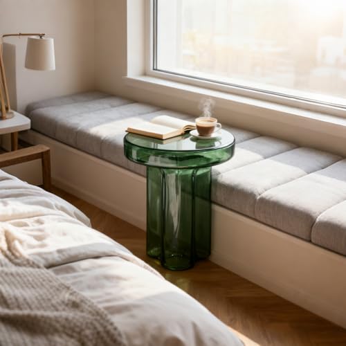 Image of Round Glass Coffee Table for Living Room,Small Modern Center Table, Minimalist Solid Glass Accent Piece for Apartment or Lounge, Minimalist Coffee Table(Grey Green,W14.96*H18.5in)