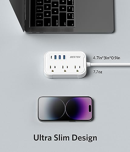 BESTEK Travel Power Strip, accesorios para crucero con USB C, extensión con enchufe plano y 3 tomas, 4 puertos USB (1 PD20W), cable de 1.5 m, sin protector contra sobrecarga miniatura 5