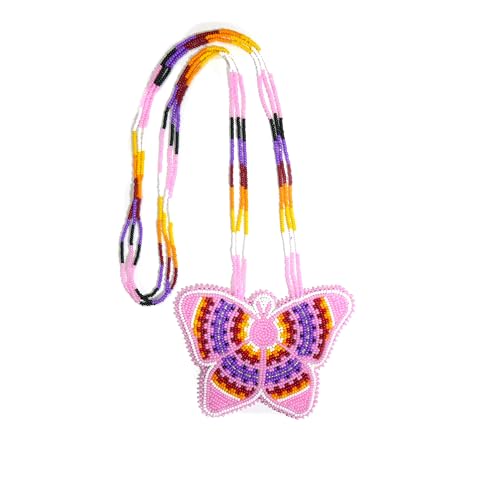 Collier en perles amérindien rose motif papillon fait main