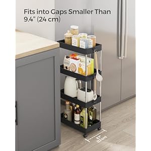 SONGMICS Slim Storage Cart 4 Tier Rolling Cart Narrow Utility Cart on Wheels 6 Hooks 360 Swivel Wheels Lockable Steel Frame Bathroom Kitchen Office Ink Black UKSC010B01
