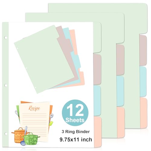 12 Sheets Plastic Recipe Dividers for 3 Ring Binder with 4 Tabs 9.75X11 inch Recipe Book Dividers Recipe Binder Separators Recipe Binder Index Tab Dividers Colorful Family Recipe Binder (4 Colors)