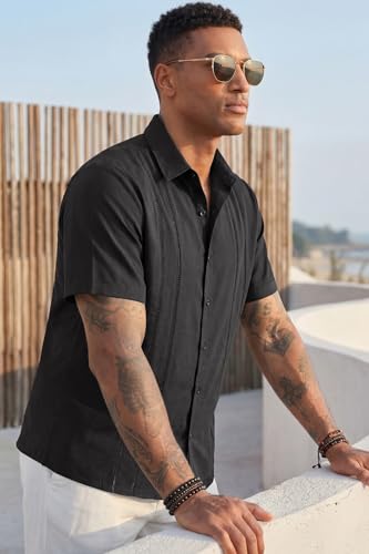 KYKU Mens Short Sleeve Cuban Guayabera Shirt Casual Summer Beach Vacation Button Down Shirts Black 2XL — view 4