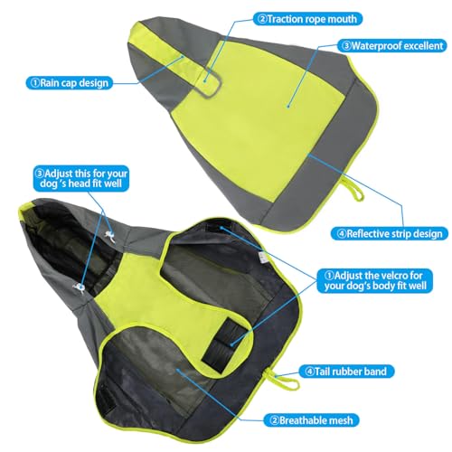 Hunderegenmantel Wasserdicht, Verstellbarer Regenmantel Hund mit Reflexstreifen und Kapuze, Regenjacke Hund für Outdoor Wandern, Regencape Hunde für Kleine, Mittelgroße und Große Hunde (Grün, 3XL)