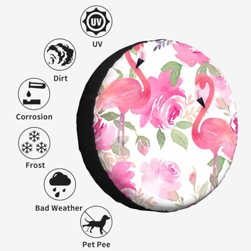 Image of Floral Flamingo Leaves Spare Tire Cover for RV Trailer Watercolor Tropical Beautiful Bird Wheel Protectors Weatherproof Polyester Tire Case for All Cars SUV Camper Travel 15 inch