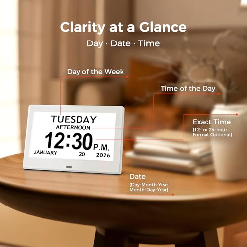 Image of 7'' Digital Clock, Dementia Clock With Date And Time, 10 Reminders, 6 Alarms, Auto-Dimming, Auto DST, Remote Control, Large Display Alarm Clock For Seniors, Gifts For People With Dementia, White