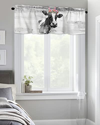 Onehoney Window Valances Kitchen Short Curtains, Farm Cute Cow With Flower Wreath Rod Pocket Valance Drapes Decorative Window Treatment For Living Room Bedroom Bathroom Retro Grey Animal Art #TOP3