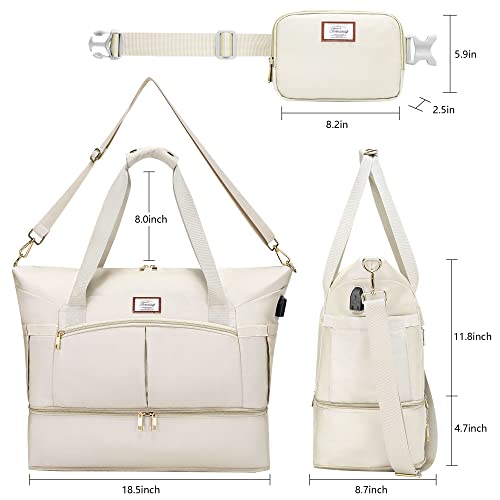Travel Bags For Women, Sports Gym Duffle Bag With Foldable Shoe Compartment, Large Weekender Overnight Bag With Wet Pocket And Usb Charging Port For Women Girls Traveling, Gym Tote, Yoga (Beige) #TOP7