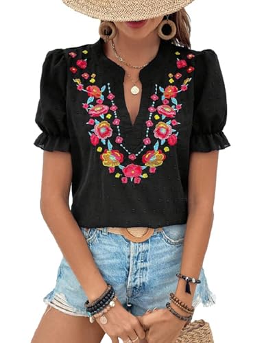 Mexican Embroidered Tops for Women Floral Puff Short Sleeve Boho Tops V Neck Peasant Blouse Loose Summer Tops Black L