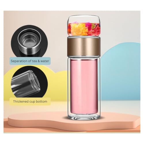 Image of Wosta Leakproof Glass Water Bottle with Stainless Steel Infuser Glass Tea Infuser Bottle with Strainer and Neoprene Sleeve for Loose Leaf Tea, Cold Brew Coffee. (F - GOLD, 350ML)