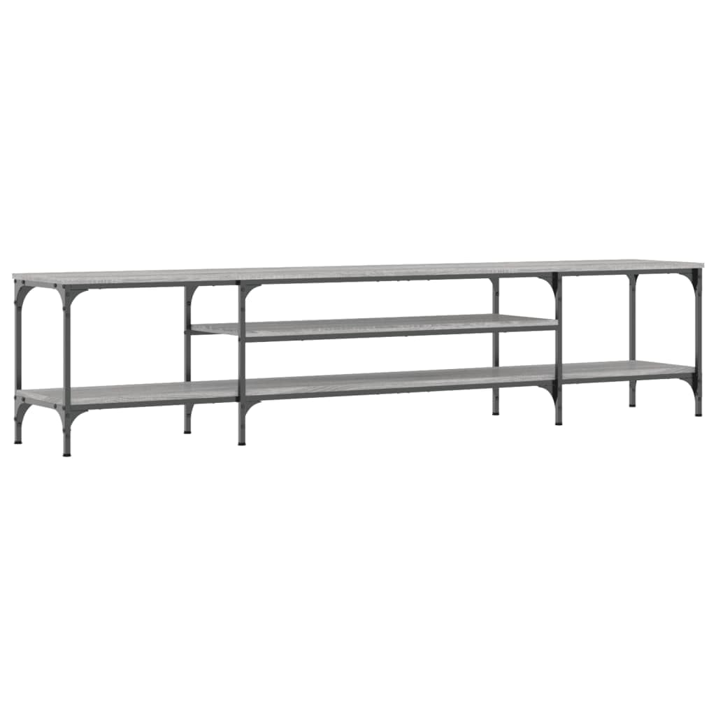 79-Inch Industrial TV Stand, Sonoma Gray Wood and Iron Console | This living room media center features open storage shelves and measures 79 x 14 x 18 inches.
