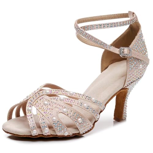 Women’s Rhinestone Salsa Latin Dance Shoes Ballroom Satin Dance Shoe Bachata Practice Dancing Shoes