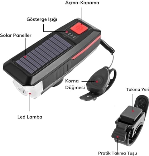 Busstier Güneş Enerjili USB ile Şarj Edilebilir LED Bisiklet Feneri Kornalı Suya Dayanıklı Far - Görsel 6