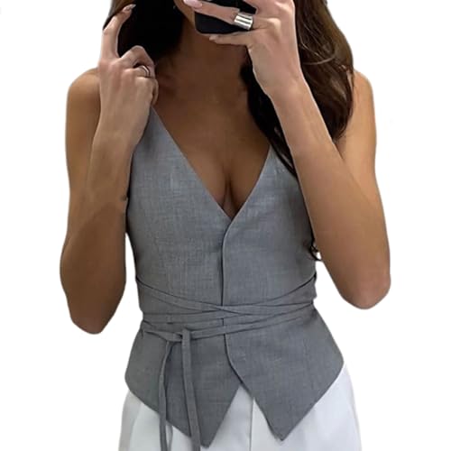 Deep V-neck Sleeveless Tops Solid Color Tank Top Women's Vest for