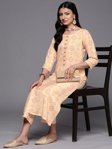 Image of Libas Womens Printed Cotton Blend Straight Kurta With Trousers
