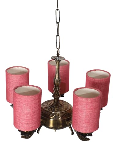 Image of Devansh 05 Lights Pink Jute Round Shade with Antique Golden Chandelier