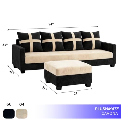Image of Caviriq 5 Seater L Shape Sofa Set with Movable Ottoman | Flexible Layout | Luxury Velvet Suede Fabric | Modern Living Room Sofa | Black-Cream