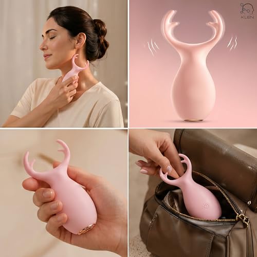 Image of KLEN Electric Handheld Women Body Massager Machine Portable Waterproof Mini Massage Device with Soft Silicone Head Rechargeable Vibration Wellness Stress Relief and Self Care Relaxation Product (Pink)