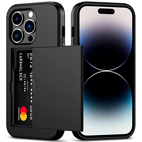 Nvollnoe for iPhone 14 Pro Case with Card Holder Heavy Duty Protective Dual Layer Shockproof Hidden Card Slot Slim Wallet Case for iPhone 14 Pro for Women&Men(Black)