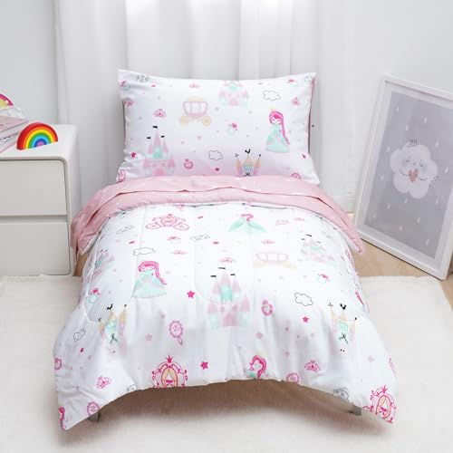Image of david's kids 4 Piece Toddler Bedding Set - Soft Breathable Toddler Bedding Set for Girls, Includes Quilted Comforter, Flat Sheet, Fitted Sheet and Pillowcase, Princess