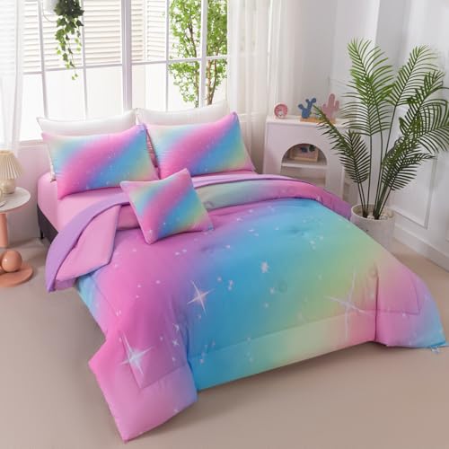 Image of 6Pcs Glitter Rainbow Kids Bed in A Bag Full Size Pink Teal Ombre Girls Bedding Comforter Set with Sheets Tie Dye Galaxy Gradient Bed Set (Pink Rainbow, Full)