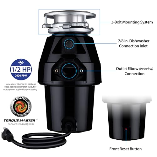 Image of Waste Maid 10-US-WM-258-3B Garbage Disposal Anti-Jam Stainless Steel Food Waste Grinding System, 1 /2 HP Mid Duty, Black