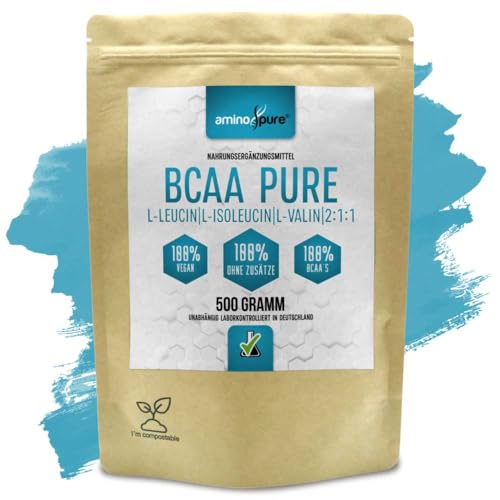 aminopure® | BCAA Pulver essentielle Aminosäuren Komplex | Leucin, Isoleucin und Valin im 2:1:1 Verhältnis | vegan und ohne Zusätze | schadstoffgeprüft im Labor | 500 Gramm
