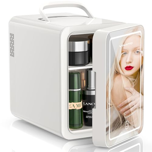 VINATO 6L Mini Nevera para Dormitorio, Nevera Skincare con Espejo LED, Portatil Nevera Pequeña 220 V AC / 12 V DC para Coche, Oficina, Dormitorio