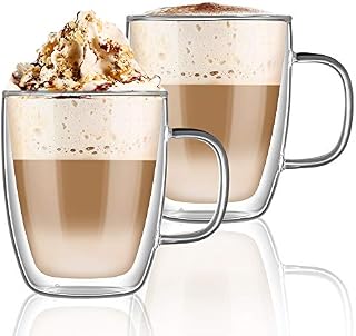 HIRMIT Double Walled Glass Coffee Mugs 2x350ml Cappuccino Macchiato Latte Glasses Cups with Handle for Coffee Tea Milk Juice Ice Cream