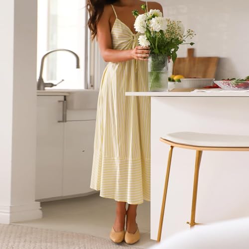 Robe mi-longue à bretelles fluide et légère à rayures