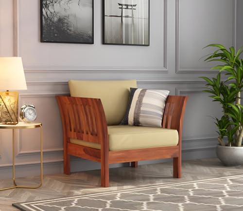 Image of Solid Sheesham Wood Single Seater Sofa with Cream Cushion | Wooden 1 Seater Sofa for Home Bedroom Living Room Hall and Office (Honey Finish)