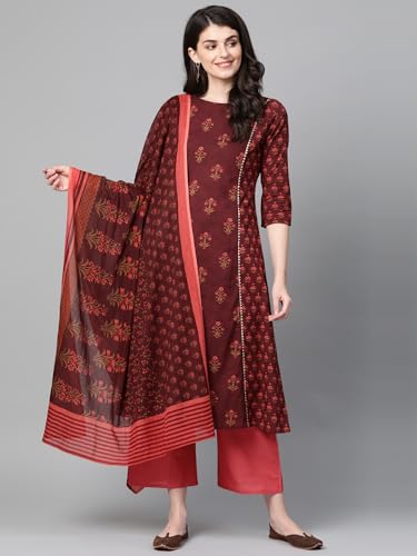 Image of INDO ERA Women's Floral Printed Pure Cotton A-Line Kurta With Pant & Dupatta Set (IE00KS0MR1614)