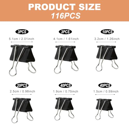 DEEINN Metal Foldbackklammern, Verschiedene Größen, 51mm, 41mm,32mm, 25mm, 19mm,15mm |,stabile und wiederverwendbare Metall Binder Clips, Schwarz 116 Stück