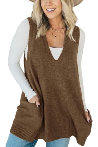yoeasy Womens Sleeveless Sweater Vest Oversized V Neck Loose Knit Casual A Line Tunic Pullover Top with Pockets