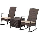 Outdoor PE Wicker Rocking Chair 3-Piece Patio Rattan Bistro Set 2 Rocker Armchair and Storage Side Table Furniture Washable Lacing Khaki Cushions