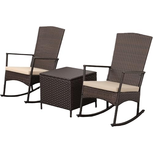 Outdoor PE Wicker Rocking Chair 3-Piece Patio Rattan Bistro Set