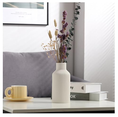 Image of SPHINX Ribbed Pipe Ceramic Vase, Flower Vase, Pampas Grass Vase, Vase for Money Plant Live Plants for Home, Office, or Gifts NO Flowers- (SN-White 8.5 Inch)