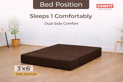 Image of Coirfit Single Seater Folding Sofa Cum Bed - Perfect for Guests - Jute Fabric Washable Cover with Free Cushions - | 3' X 6' Feet, Brown