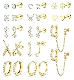 ZXLIHS Pendientes hipoalergénicos con Parte Trasera Plana para Mujer – Pendientes de ílago chapados en Oro de 14 Quilates de 20 G de Acero Inoxidable quirúrgico con Parte Trasera Plana, Juego de