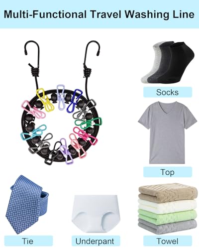 BINCKIN Retractable Travel Clothes Line, Portable Washing Line with Pegs, Holiday Clothes Lines for Balcony, Laundry Line Outdoors with 12 Colorful Clothespins, Camping Accessories Drying Line 2PCS - Image 3