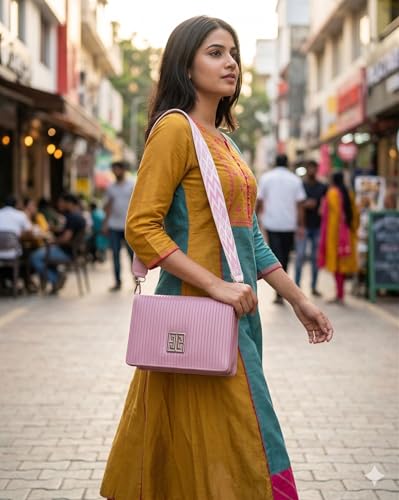 Image of KRIFTY Sling Bag with Geometric Patterned Strap, Flap Closure, Adjustable Crossbody Strap For Women's /Girls
