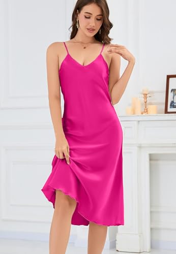 Image of ALCEA ROSEA Women's Midi Satin Slip Dress Adjustable Spaghetti Strap Nightgown Silky Under Dresses