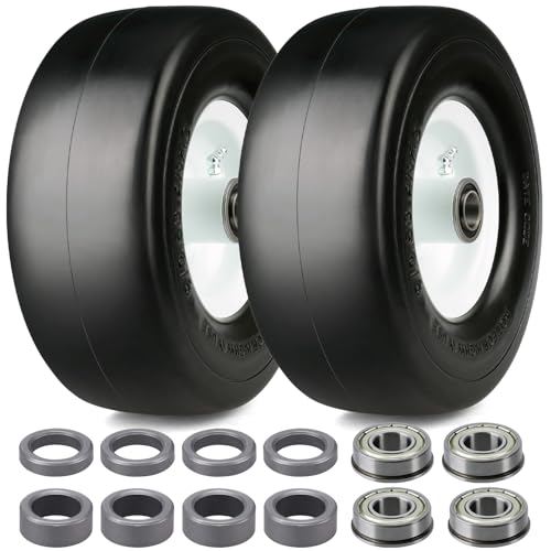 2Pcs 9x3.50-4 Flat Free Tire Lawn Mower Tire with 3.5 Centered Hub 3/4& 5/8 Bearings 2/5& 1/5 Metal Spacers 3.5-4-4.5-5 Centered Hub Smooth Tread Tire for Zero Turn Mowers