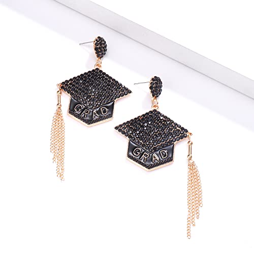 Graduation Gifts For Her, Rhinestone Graduation Earrings For Women Girls Delicate Graduation Cap Earrings Statement Doctoral Hat Dangle Earrings With Tassels (Black) #TOP3