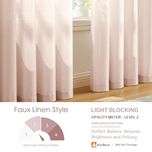 Image of Melodieux Pink Sheer Curtains with Tiebacks - 84 Inches Long for Living Room, Rod Pocket, Linen Look Shiny Texture, Semi Sheer Light Filtering Curtain Drapes for Bedroom, 52 inch W x 84 inch L, 2 Panels