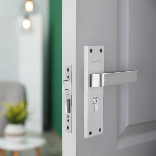 Image of Amazon Basics Heavy-Duty Door Lock Set | Mortise Door Lock Handlesets with 3 Brass Key for Home,Office,Hotel | Brass Lock Body & Cylinder | Silver