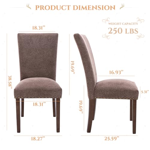 Image of Parsons Dining Chairs Set of 2, Upholstered Nailhead Dining Room Kitchen Side Chair with Thick Cushions and Wood Legs, Brown