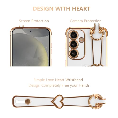 ZTOFERA Compatible with Samsung Galaxy A55 5G Case with Wrist Strap, Flexible Silicone Protective Phone Case with Cute Heart Pattern Kickstand Handle Gold Trim Shockproof Cover, White