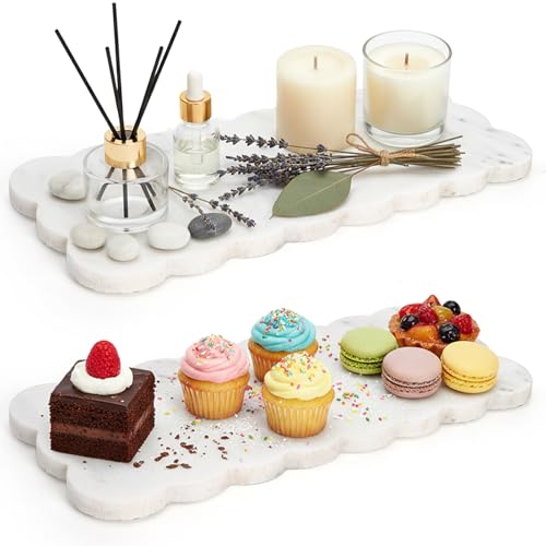 Coloch 2 Pack White Scalloped Marble Boards, 12”x5” Marble Serving Tray with Anti-Slip Rubber Decorative Bathroom Vanity Tray Pastry Display Board for Perfume, Candle, Jewelry, Cake, Cheese