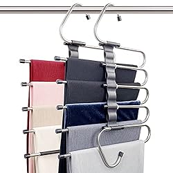 SPACE SAVING PANTS HANGERS : 5 tier trousers hangers. Each hanger can at least hold up 5 jeans, trousers or other clothing. Maximize to save your closet space and keep it clean and orderly. Strong bearing strength and won't be easy to be out of shape...