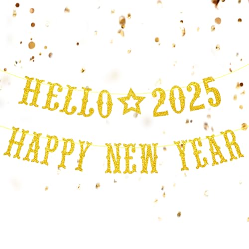 Glitter New Year Banner 2025 Bunting Banner Hanging Decorations, Hello 2025 Happy New Year Lettering Banner, 2025 New Years Eve Party Hanging Banner for Christmas New Year Party Home Bar Decoration